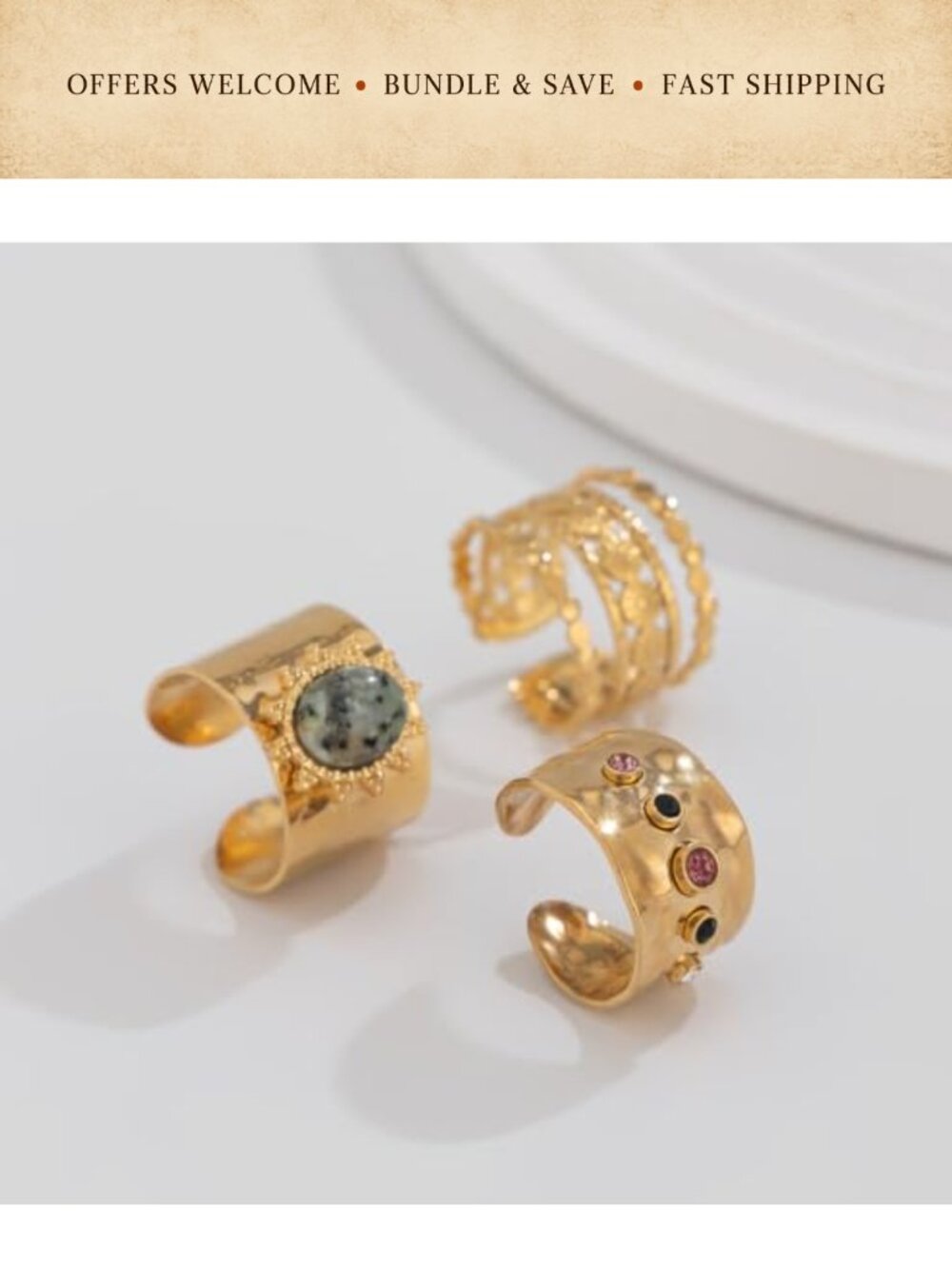 Gold Crystal Stacking Ring Set Adjustable Stackable Knuckle Rings - Picture 4 of 6